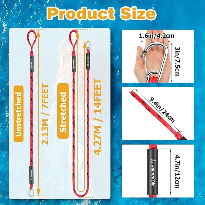 JaunniQir Bungee Dock Lines for Boats 7.2 Feet, 2 Pack Dock Lines with 316 Stainless Clips for PWC, Jet Ski, Kayak, Watercraft, Pontoon, Shock Absorbing Tie Off Downs Boat Mooring Ropes Accessories