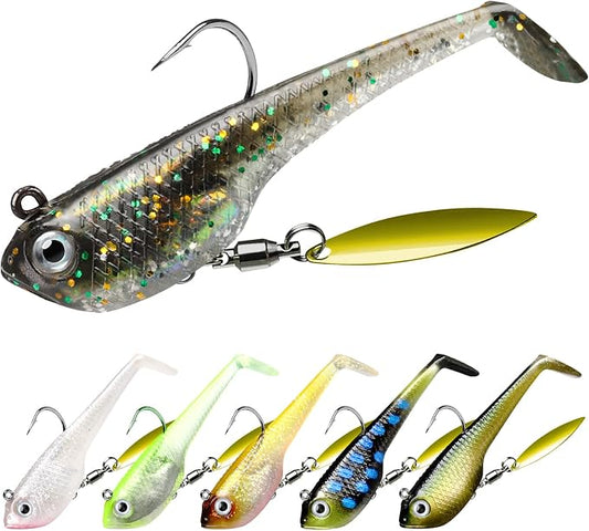TRUSCEND Shadtale Easy Catch Soft Fishing Lures with BKK Hooks - Trembly Sinking and Vibrating Swim for More Bites, Pre-Rigged Swimbaits for Bass, Trout, Crappie, Walleye, Freshwater Saltwater Fishing
