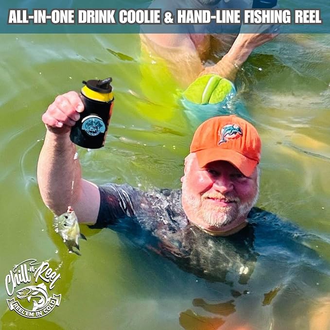 Made in USA | Fishing Can Cooler from Shark Tank | Hard Shell Drink Holder with Hand Line Reel | Fits Most Can Sleeves or Coozies | Unique Fishing Gift for Men | Retail Box Packaging | Black