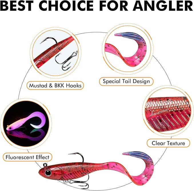 TRUSCEND Duramax Pre-Rigged Fishing Lures with BKK Jig Hooks, 10X Tear-Resistant TPE Soft Swimbaits for Bass Striper Trout Crappie Walleye Grouper, Lifelike Fishing Baits for Saltwater and Freshwater