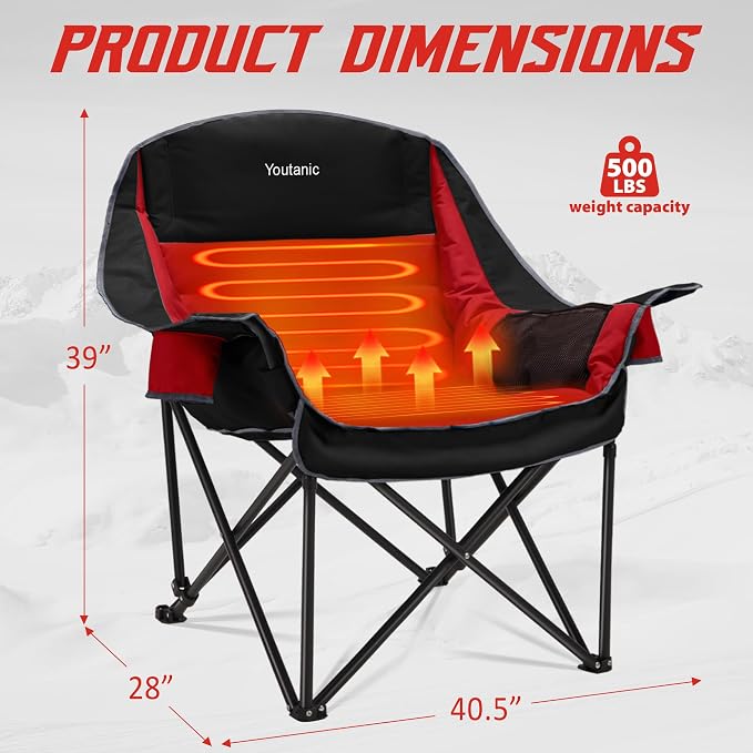 Youtanic Oversized Extra Large Heated Padded Camping Chair up to 500lbs, 3 Heat Levels Camp Chair with Carry Bag, Outdoor Heating Folding Chairs for Adults, Fishing, Sports, Picnic, Red-Black