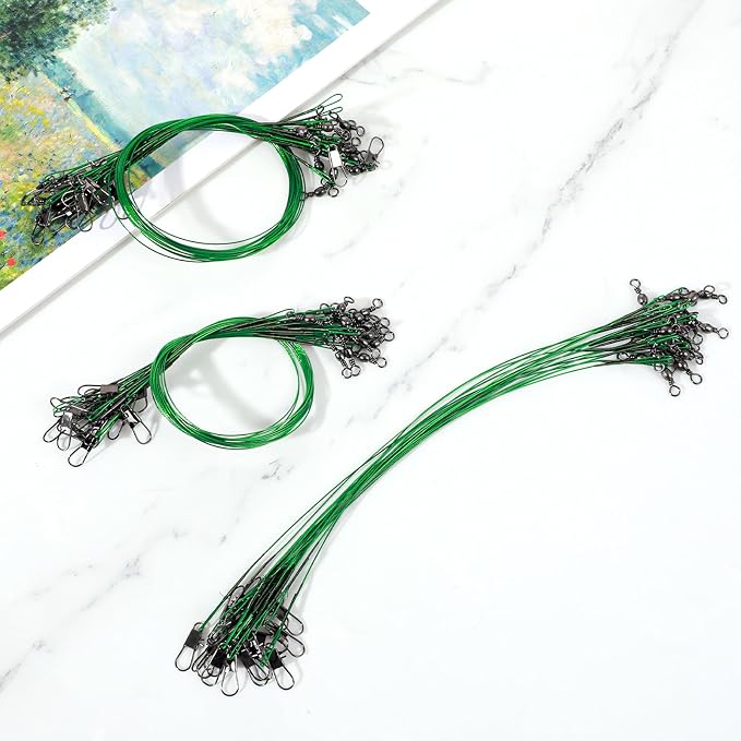 Fishing Leaders with Crane Swivel and Snaps, 60 Pcs 8in/10in/12in Fishing Wire Leaders, Saltwater/Freshwater, Leader line for Carp, Pike, Catfish, Muskie, Walleye, Bass, Mackerel, Snapper, etc (Green)