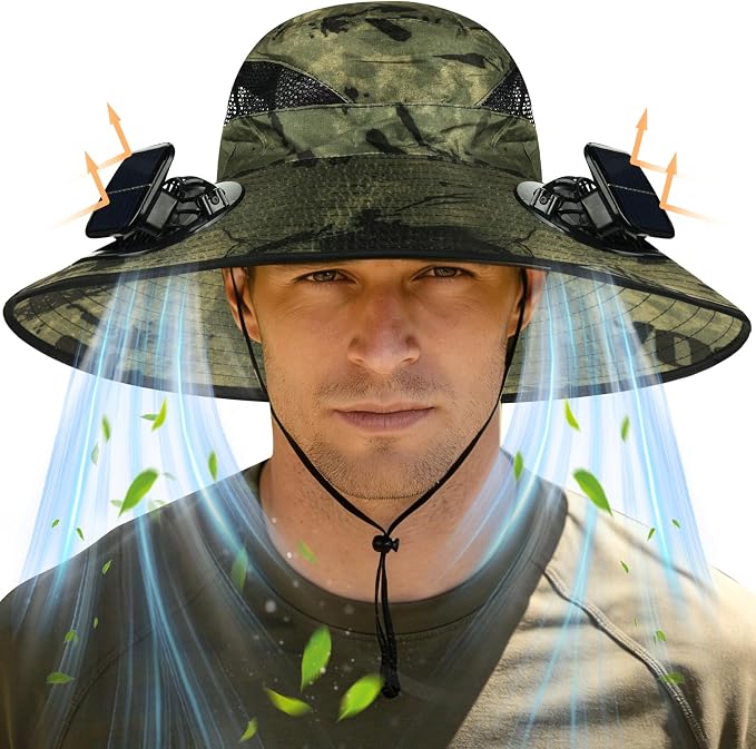Wide Brim Sun Hat with 2 Solar Fans, UPF 50+, USB Charging for Fishing, Hiking, Beach | Solar Power Hat
