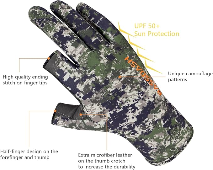 BASSDASH Unisex Fingerless Camo Hunting Gloves for Men's Women's Early Season Warm Weather UPF 50+ Lightweight Fishing Photography HG03
