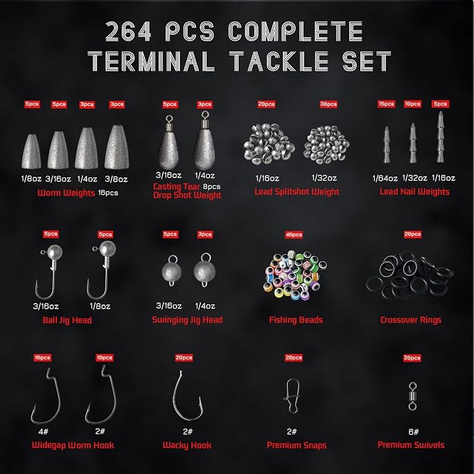 Fishing Tackle Kit with Box – 423pcs Complete Terminal Tackle Assortment, Hooks, Sinkers & Swivels, Beads & Bobber Stops for Freshwater Bass & Trout (Black-423PCS)