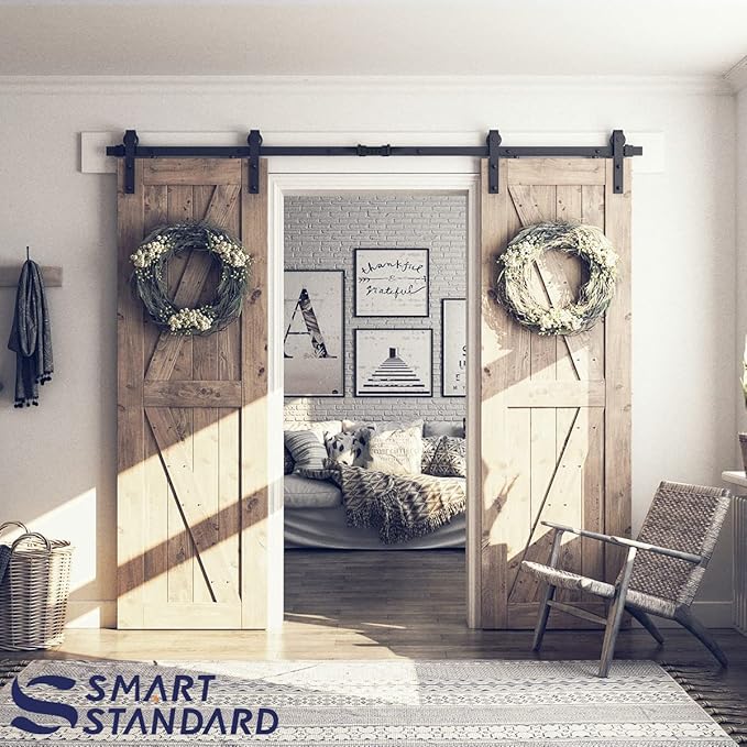 SMARTSTANDARD 8 FT Double Barn Door Hardware Kit, Sliding Door Track-Smoothly and Quietly -Includes Detailed Installation Fit 24" Wide Doorpanel (J Shape Hanger) Black