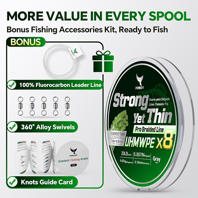 Ultra-Thin 20LB 8-Strand Braided Fishing Line 0.18mm with Knots Guide Card, Stronger than 4-Strand PE Line, Smooth as Silk & Longer Casting, Ideal for Bass Trout Fishing in Freshwater/Saltwater