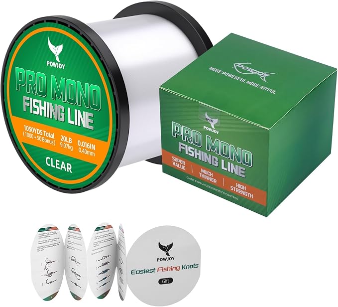 Pro Monofilament Fishing Line with Knot Instruction Cards for Multi Purpose Cost Effective, Strong Yet Thin Nylon String for Big Fishes, Tangle-Free & UV Resistant, 15/20/30/50/80LB