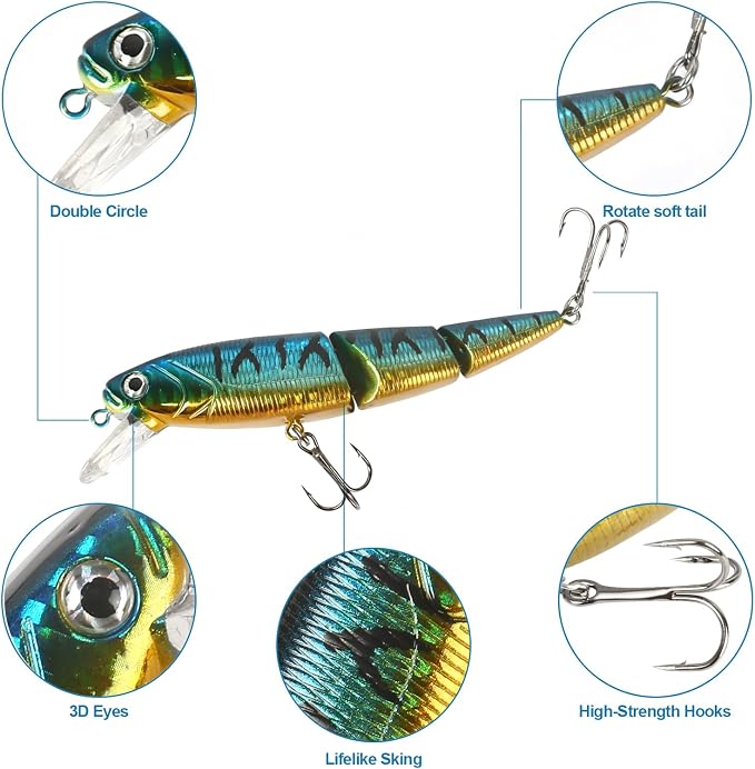 Whopper Fishing Lure for Bass：Popper Top Water Fishing Lures with Floating Rotating Tail Barb Treble Hooks Saltwater Freshwater Plopping Lures Kit