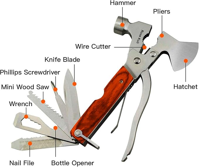 18-in-1 Multitool Camping Axe Hammer, Multi Tool with Plier, Knife, Bottle Opener, Survival Gear for Outdoor Hunting Hiking, Emergency Escape Tool, Fathers Day Gift for Men Dad Husband Boyfriend