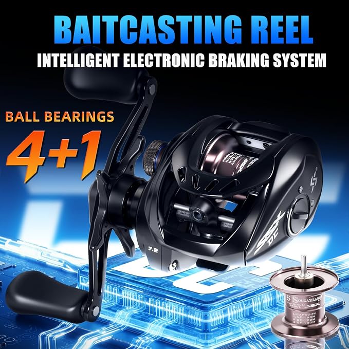 Sougayilang Baitcasting Reel with Digital Anti-Backlash Control - Smart Computer Braking System, 7.2:1 Gear Ratio, 18.5LB Max Drag-Easy Casting Baitcaster for Beginners & Bass Anglers