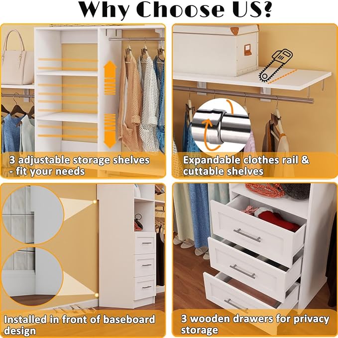 Closet Organizer System with Drawers, 8FT Corner Closet Shelving System 96" Walk in Wood Closet Storage System with 3 Shelves Custom Hanging Rods Heavy Duty Wall Mount