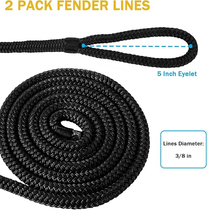 2 Pack 3/8'' x 6' Boat Fender Lines for Mooring, Docking Ties & Small Boat,Premium Marine- Grade Double Braided Nylon Boat Rope with a 5" Eyelet,Anti-Wear & Weather-Resistant-Black