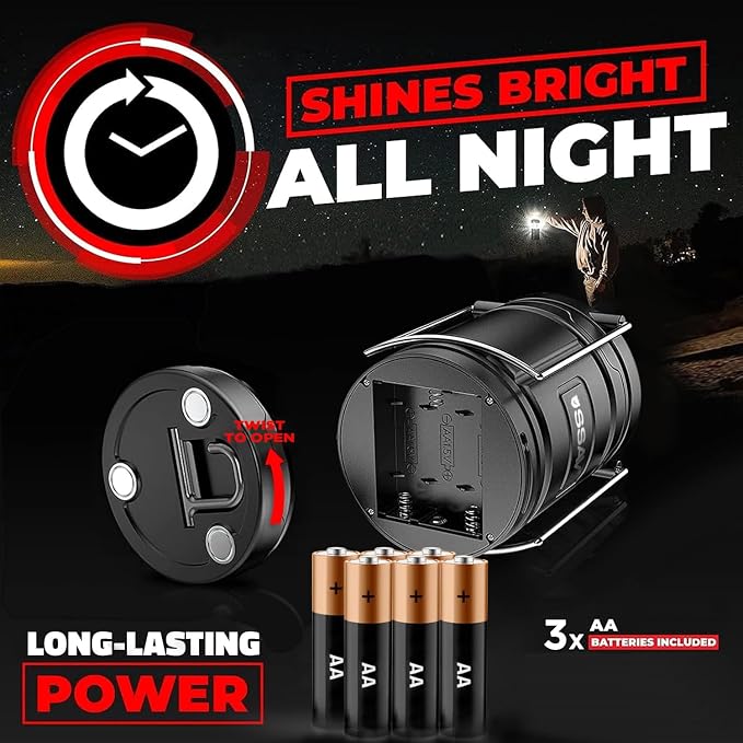 Multipurpose Camping Lantern - Portable LED Battery Powered Lanterns with Magnetic Base and Foldable Hook for Emergency Use or Campsites, Hurricane Survival Kit | Batteries Included