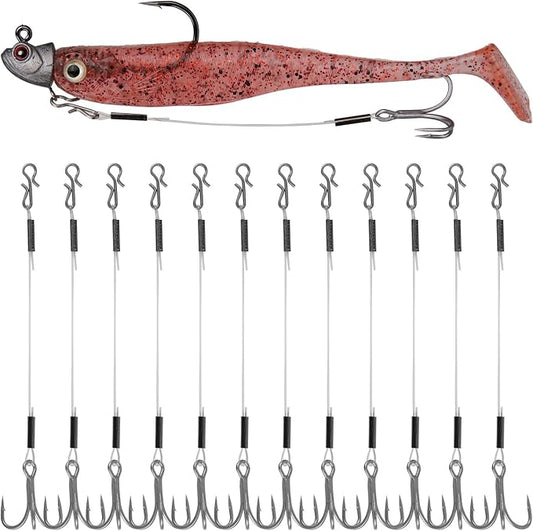 Stinger Hooks (12-Packs) for Jig Heads, Quick Snap #6/#8 Trailer Treble Hooks, 10#/40lbs Fluorocarbon Fishing Line - Walleye, Bass