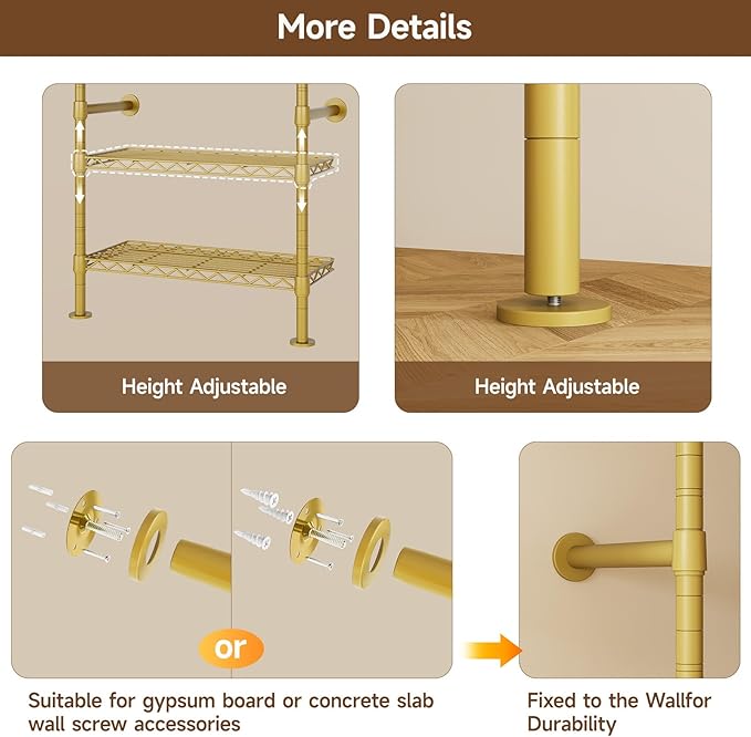 H5 Wall Mounted Closet System, Industrial Pipe Clothes Racks Clothing Rack with 4 Telescopic Rods & 3 Fixing Rods & 9 Shelves, Heavy Duty Closet Organizers and Storage in Wardrobe Closet (Gold)