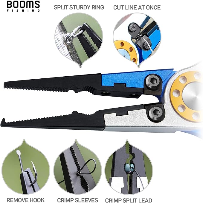 Booms Fishing X1 Aluminum Fishing Pliers Saltwater, Surf Fishing Tackle Kit, Fishing Multitool Hook Remover Braided Fishing Line Cutting and Split Ring with Coiled Lanyard and Sheath