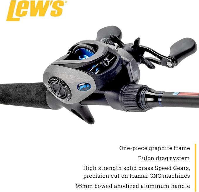 Lew's Lew’s American Hero Baitcast Reel and Fishing Rod Combo, 1-Piece Medium-Heavy Power Fast Action IM6 Graphite Rod, 7.5:1 Gear Ratio, Gray/Black/Blue