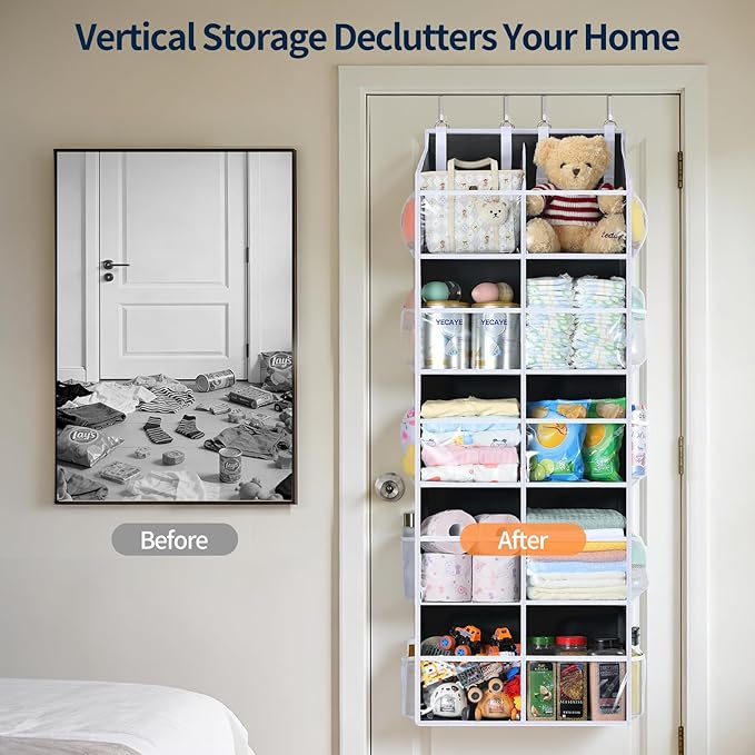 Yecaye 80lb Clear Door Hanging Yarn Storage Organizer, 10 Large Plastic Pockets & 10 Mesh Pockets Over The Door Crochet Organizer, 5 Tier Yarn Ball Storage for Knitting Needles, Black