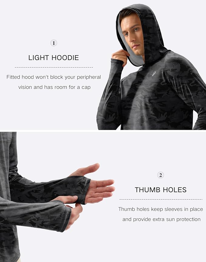 Pudolla Men's Sun Protection Hoodie Shirts UPF 50+ Rash Guard SPF Long Sleeve Fishing Shirt for Men Swim Hiking Boating