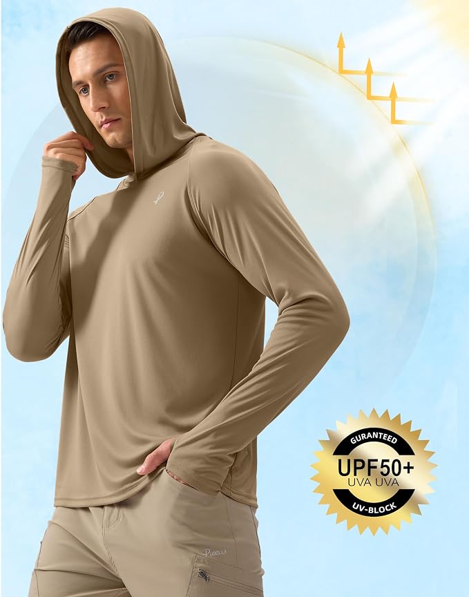 Pudolla Men's Sun Protection Hoodie Shirts UPF 50+ Rash Guard SPF Long Sleeve Fishing Shirt for Men Swim Hiking Boating