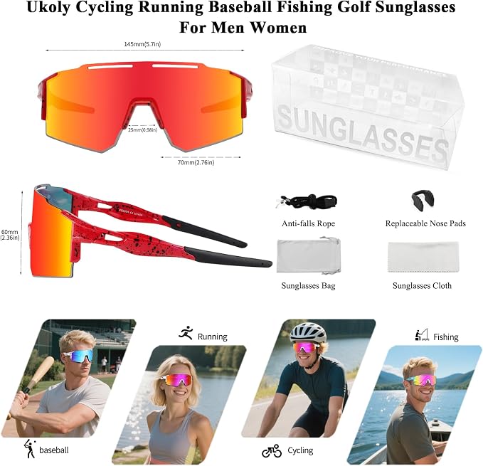 Ukoly Cycling Sunglasses for Men Women with 3 Interchangeable Lenses, Polarized Sports Sunglasses, Baseball Sunglasses
