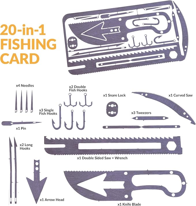 20-in-1 Fishing Multitool Survival Card - Best Multitool for Survival Situations - Wallet Card for Preppers and Fishing, Hiking, Hunting & Emergency Kits
