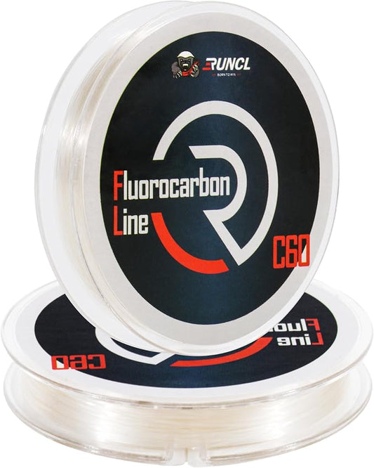 RUNCL 100% Pure Fluorocarbon Fishing Line, RC60 Clear Fluorocarbon Leader Line, Virtually Invisible with Added Sensitivity, High Strength, Abrasion - Resistant, Fast - Sinking, 4-50lb, 50-150yds