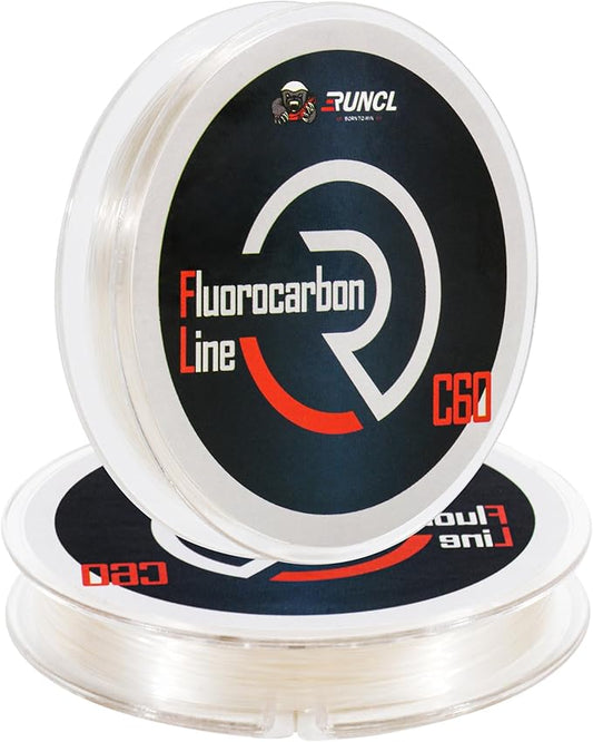 RUNCL 100% Pure Fluorocarbon Fishing Line, RC60 Clear Fluorocarbon Leader Line, Virtually Invisible with Added Sensitivity, High Strength, Abrasion - Resistant, Fast - Sinking, 4-50lb, 50-150yds