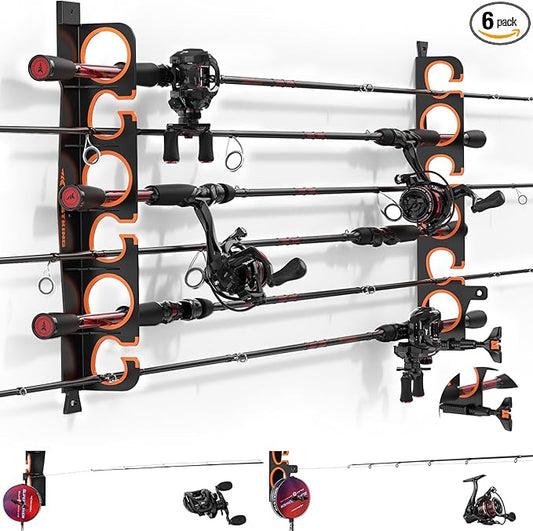 KastKing SafeGuard LS Horizontal Fishing Rod Rack with Line Spooler – Wall or Ceiling Mount, Holds 6 Rods & Combos in 18", No-Twist Fishing Rod Holder with Spooler & Cutter (Spinning & Baitcasting)