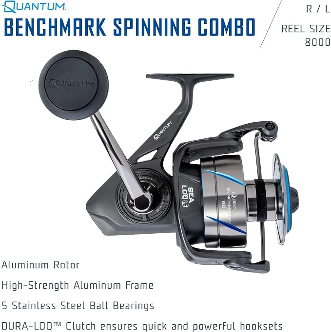 Quantum Benchmark Spinning Reel and Fishing Rod Combo, Graphite Composite Blank, 5+1 Bearings, Silver/Blue