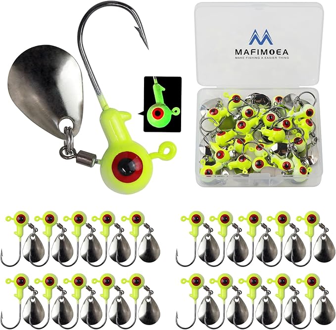 15/20/30Pcs Underspin Jig Heads with Spinner Fishing Jig Heads Hooks Set Crappie Jigs Fishing Jig Hooks Assortment Saltwater Freshwater Bass Crappie Trout Glow in The Dark…