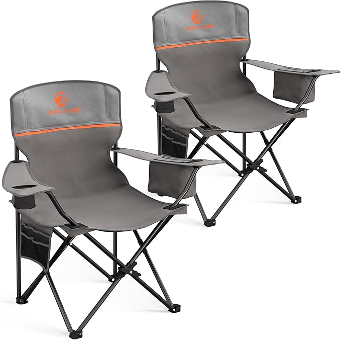 ALPHA CAMP 2-Pack Camping Chair with Cooler Bag, Heavy Duty 250lbs Capacity Folding Chair with Lumbar Support & Side Pocket, Portable Quad Chairs for Beach Fishing Tailgating & Sideline Sport