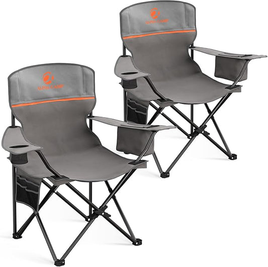ALPHA CAMP 2-Pack Camping Chair with Cooler Bag, Heavy Duty 250lbs Capacity Folding Chair with Lumbar Support & Side Pocket, Portable Quad Chairs for Beach Fishing Tailgating & Sideline Sport