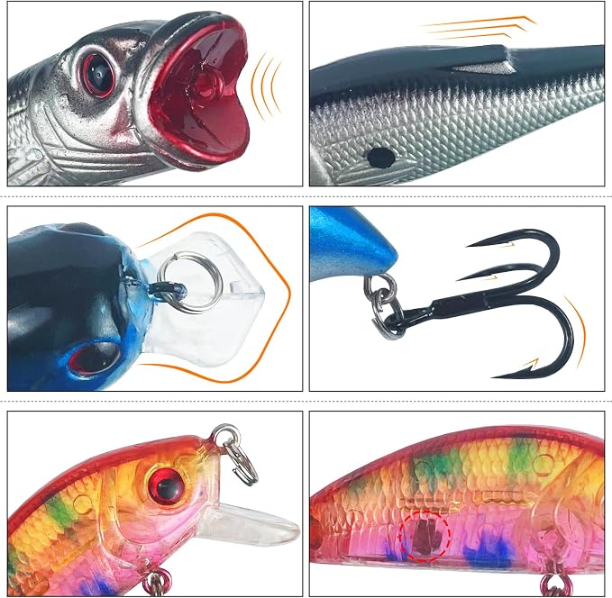 43Pcs Fishing Lures Kit Minnow Popper Walleye Fishing Lures Mixed Hard Crank Baits for Bass Fishing Walleye Salmon Freshwater Saltwater