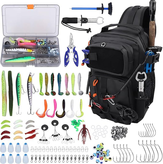 Fishing Backpack with Tackle Boxes,Waterproof Fishing Shoulder Bag for Fishing Gear,Fish Bag with 136 Pcs Fishing Lures Kit,Fish Hook Remover Tool,Fish Lip Gripper,Fishing Plier,Gifts for Men (Black)