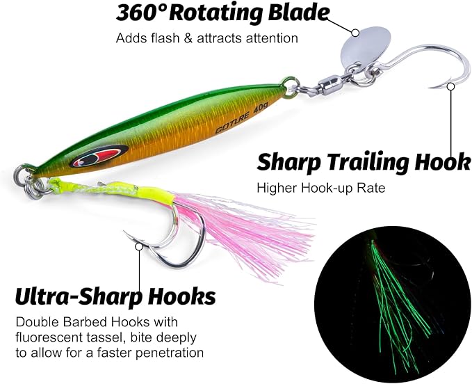 Goture Slow Pitch Jigs, Glow Flat Fall Jig Fishing Lure with Double Assist Hooks and Swivel, Fishing Jigs Saltwater 40g-250g Deep Sea Fishing Jigging Lures for Tuna,Dogtooth Tuna, Yellowtail,Kingfish