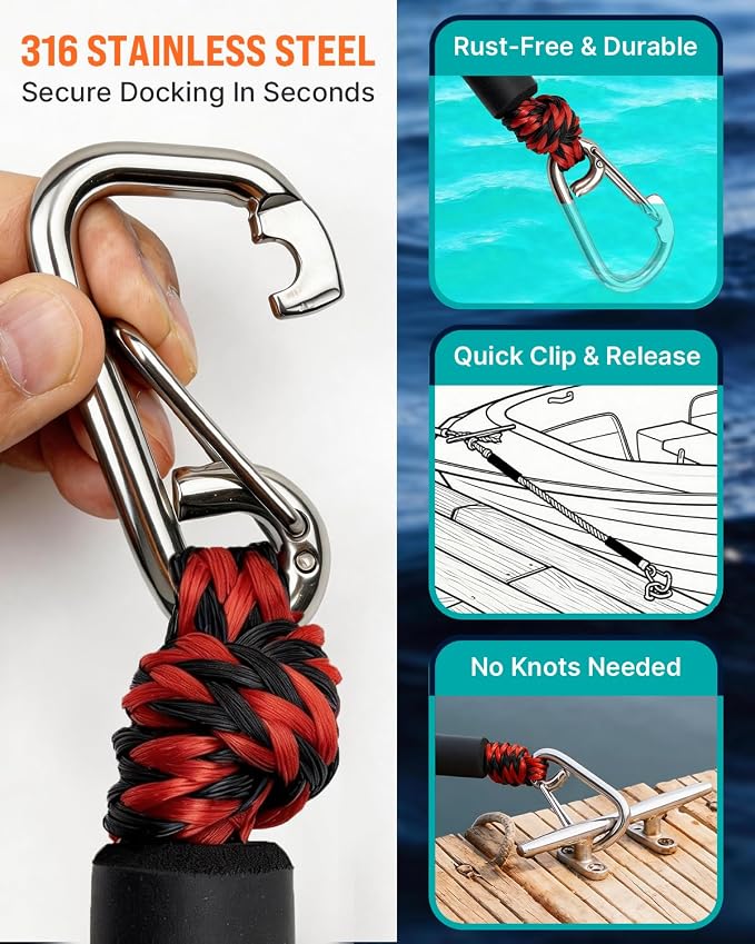 Boat Accessories 4.5 Feet Bungee Dock Lines with 30cm Extended Loop and 316 Stainless Steel Clip 2-Pack for Docking for Boats PWC,Kayak,Watercraft,SeaDoo,Jet Ski, Pontoon, Canoe, Power Boat(Red+Black)