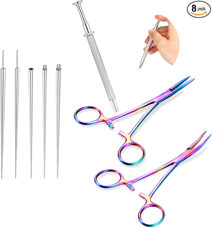 GEMQUEEN Piercing Taper Pliers Ball Grabber Tool for Changing Jewelry - Curved and Straight Forceps Stainless Steel Flat Back Earrings Insertion Tool Threadless Body Piercing Kit for Ear Nose Lip 8pcs