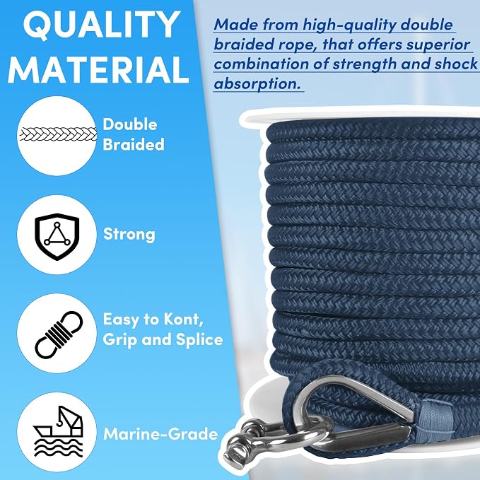 Boat Anchor Rope 150 ft x 3/8 inch Navy Blue, Double Braided Anchor Line with Stainless Steel Thimble & Shackle, Marine Rope Ideal for Towing,Mooring,Decks,Anchoring,for Boats Up to 27'