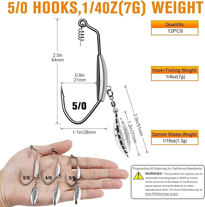 Dovesun 12PCS/44PCS Weighted Swimbait Hooks Weighted Fishing Hooks Saltwater Freshwater Worm Weedless Hooks for Bass Fishing 3/0 4/0 5/0