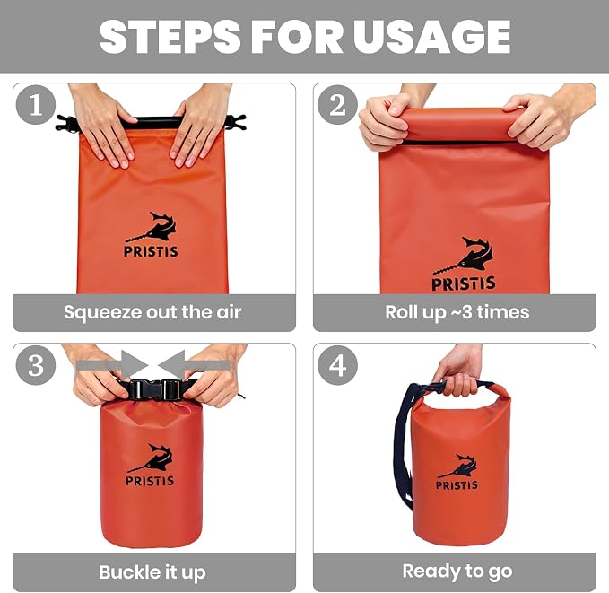 Pristis Waterproof Dry Bag, 5L Lightweight Floating Kayak Storage Backpack for Men Women, Durable Outdoor Roll Top Dry Sack Gear Accessory for Kayaking Fishing Rafting Beach Camping, Orange