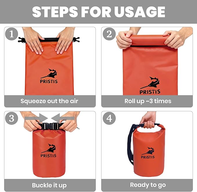 Pristis 10L Waterproof Dry Bag, Heavy-Duty Roll Top Dry Storage Backpack for Outdoor Boating Kayaking Fishing Rafting Camping, Lightweight Floating Kayak Sack Gear Accessory for Men Women, Orange