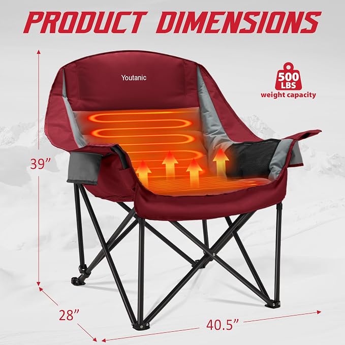 Youtanic Oversized Extra Large Heated Padded Camping Chair up to 500lbs, 3 Heat Levels Camp Chair with Carry Bag, Outdoor Heating Folding Chairs for Adults, Fishing, Sports, Picnic, Gray-Red