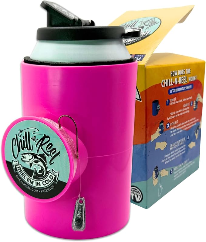 Made in USA | Fishing Can Cooler from Shark Tank | Hard Shell Drink Holder with Hand Line Reel | Fits Most Can Sleeves or Coozies | Unique Fishing Gift for Men | Retail Box Packaging | Pink