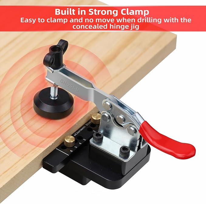 GOINGMAKE Compact Metal Concealed Hinge Jig with Quick Clamp,35mm Cabinet Hinge Jig with Dust Adapter for Cabinet Hinge Mounting,Woodworking Cabinet Door Hinge Jig Drill Guide Cabinet Hardware Jig
