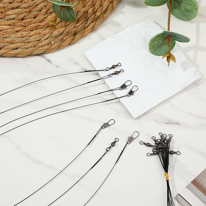 50 Pcs Fishing Leaders, Steel Wire Leaders with Swivels and Snap Connectors, High Strength Anti-Bite Wire Leader Line Kit for Saltwater Freshwater, 4/6/8/10/12 Inch Fishing Gear Equipment (Black)