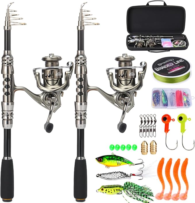 Sougayilang Fishing Rod and Reel Combo – 5.9FT Telescopic Carbon Fiber Fishing Pole with 12+1 BB Spinning Reel, Saltwater Freshwater Kit