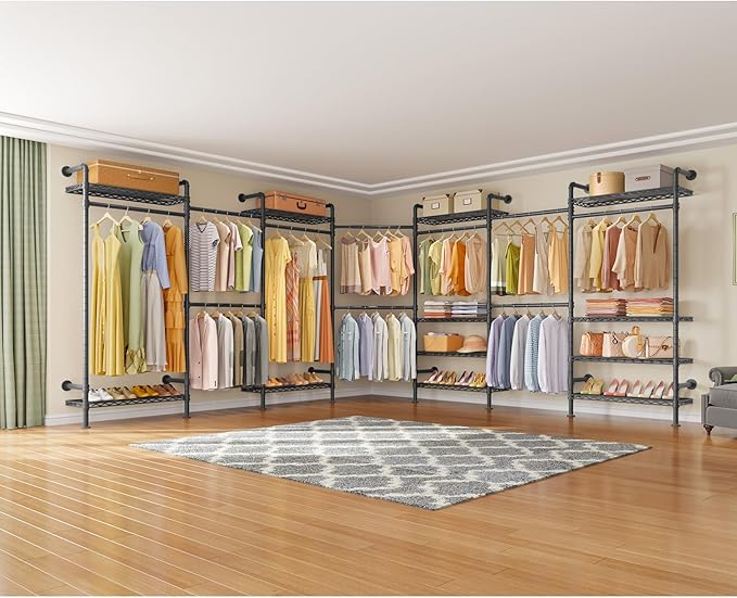 Timate U3 U Shape Garment Rack Heavy Duty Clothes Rack for Hanging Clothes, Expandable Industrial Pipe Clothing Rack Wall Mounted Closets L Shaped Wardrobe Closet System, Large Closet Kit, Black