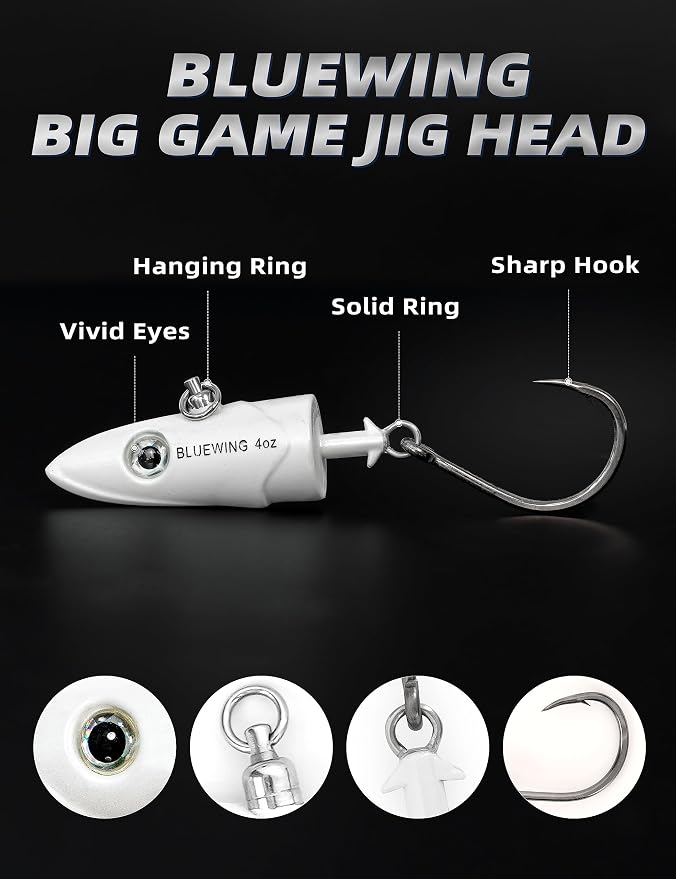 BLUEWING Jig Heads Saltwater 2oz,3oz,4oz,5oz,6oz,7oz Swimming Jigheads 1pc with High Carbon Steel Swing Hook and 6in/9in Replacement Tail Big Game Fishing Lures